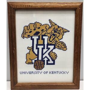 Univ Kentucky Wildcat Needlepoint Framed UK Logo Basketball Mascot Glass 9x11.5